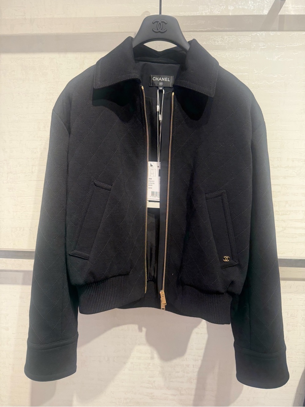 New CHANEL Black Quilted Zip-Front Bomber Jacket with Gold Hardware